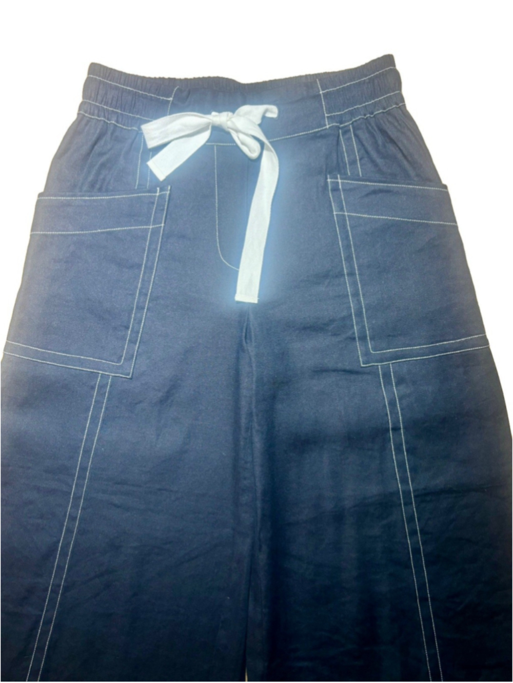 Maeve Anthropologie La Ponche Navy Linen Blend Wide Leg Drawstring Pants Small - Picture 8 of 11
